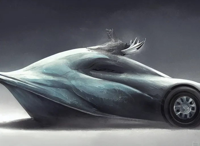 Image similar to beautiful concept design of a car that looks almost like a fish, shark or a whale. car design by cory loftis, fenghua zhong, ryohei hase, ismail inceoglu, ruan jia, henrik fisker, bruce kaiser, scott robertson, dmitry mazurkevich, doruk erdem, and jon sibal. volumetric light