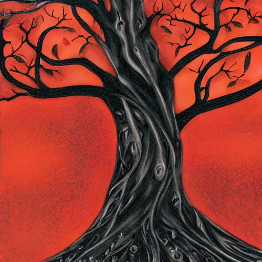 Prompt: Black flames charring the red tree, art station award winning, highly detailed