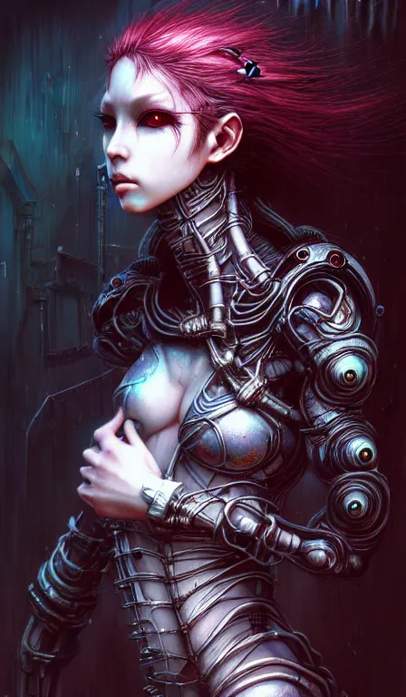 Image similar to a highly detailed long shot photo of cybergoth female character by ayami kojima, elf, beksinski, giger, elf, intricate, digital painting, artstation, concept art, smooth, sharp focus, full body shot