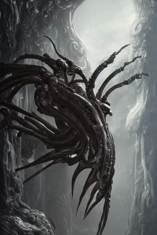 Image similar to ultra realist and ultra intricate detailed soft painting of a metal xenomorph, standing in a futuristic doorway, sensual gloomy style, volumetric clouds, artstation, unreal render, depth of field