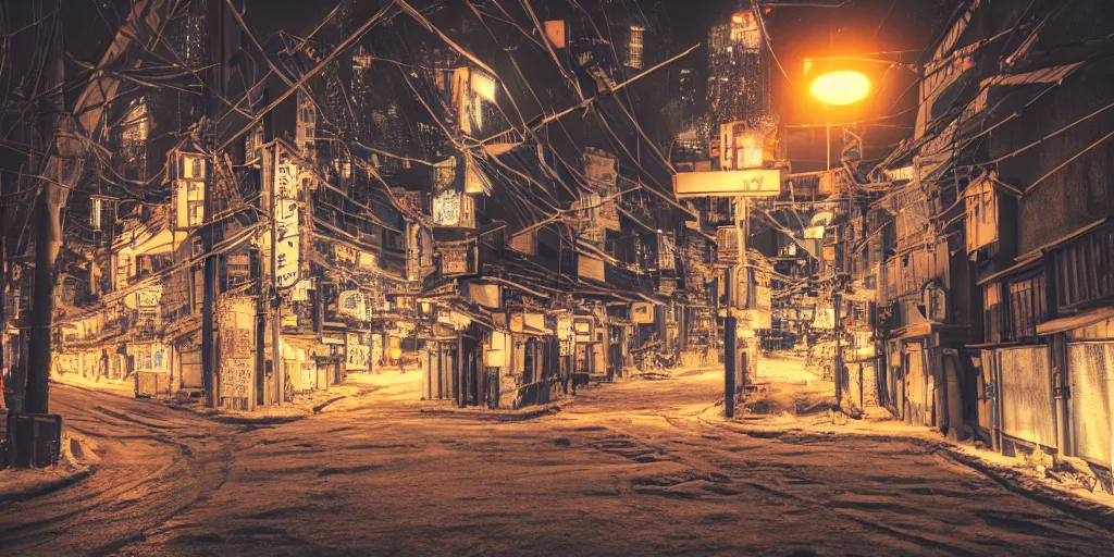 Image similar to a city street at night with a Japanese shrine on it, snowing, photograph, cyberpunk, sharp focus, intricate detail, drone shot, high resolution, 8k, neon streetlights, wires hanging down everywhere, Japan, colourful,,