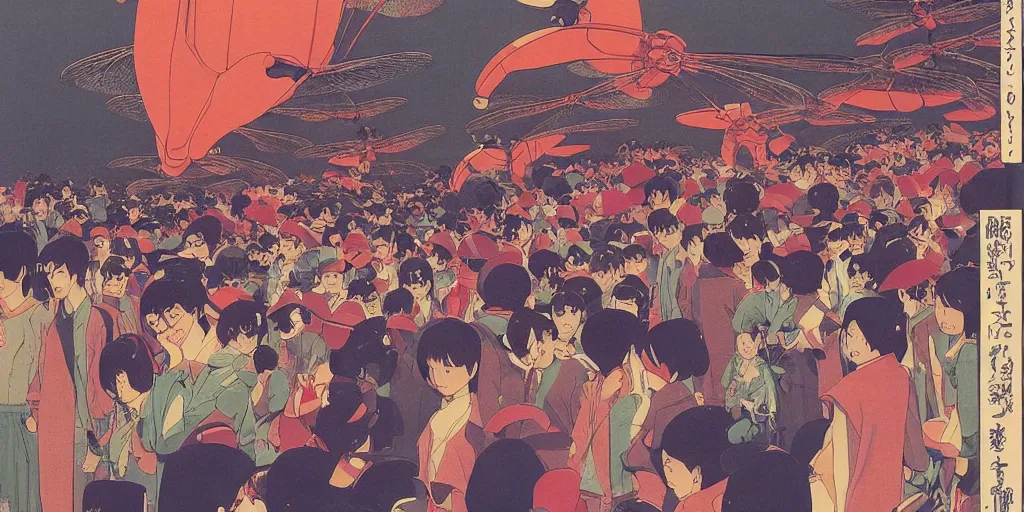 Image similar to gigantic dragonflies with human faces catch tiny robots, a lot of exotic mechas robots around, human heads everywhere, risograph by kawase hasui, edward hopper, satoshi kon and moebius, no text!, colorful flat surreal design, super - detailed, a lot of tiny details, fullshot