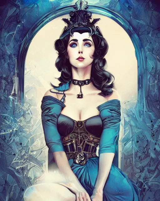 Image similar to in the style of joshua middleton, artgerm, beautiful elizabeth taylor, steampunk, full body, blue dress, elegant pose, middle shot, spooky, symmetrical face, symmetrical eyes, detailed realisitc eyes, detailed realistic eyes, detailed and intricate