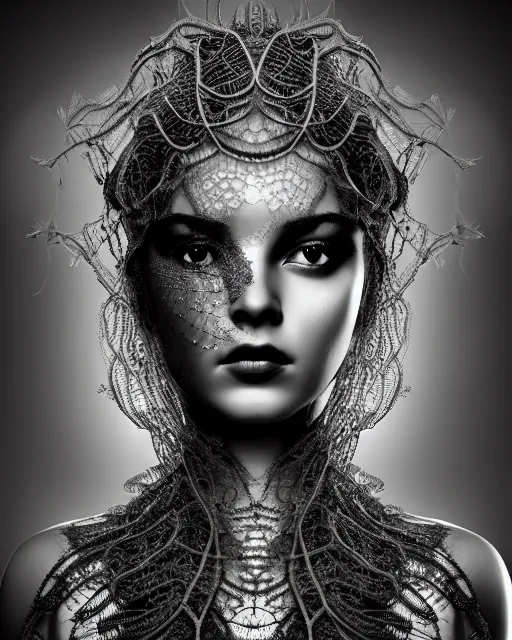 Image similar to surreal mythical dreamy artistic black and white fine art photo of a beautiful young female queen - medusa - cyborg covered with lace fish scales and translucent algae, highly detailed, intricate crystal ivy lace jelly fish scales ornate, poetic, octane render, 8 k, photo - realistic