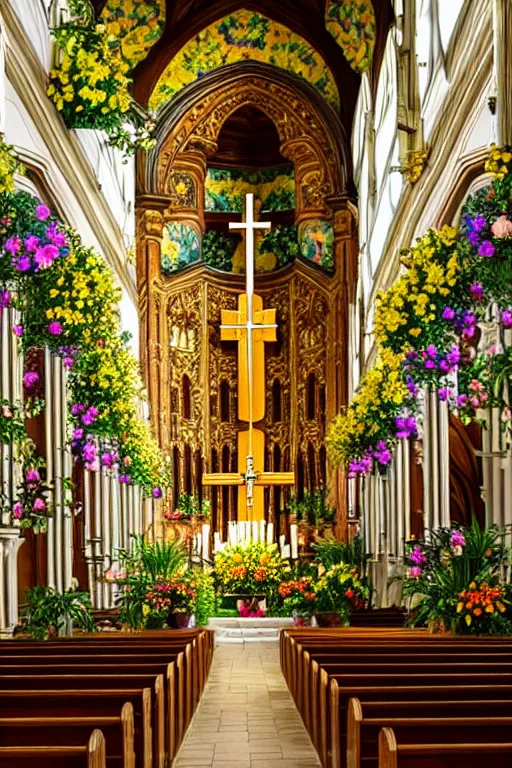 Image similar to photo inside a church full of flowers, ornate, highly detailed