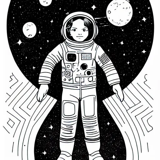 Image similar to clean simple line art of a little girl with wavy curly hair floating in space. she is an astronaut, wearing a space suit. white background. well composed, clean black and white line drawing, beautiful detailed face. illustration by josan gonzalez and steve ditko and greg rutkowski