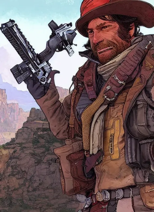 Prompt: apex legends arthur morgan. concept art by james gurney and mœbius.