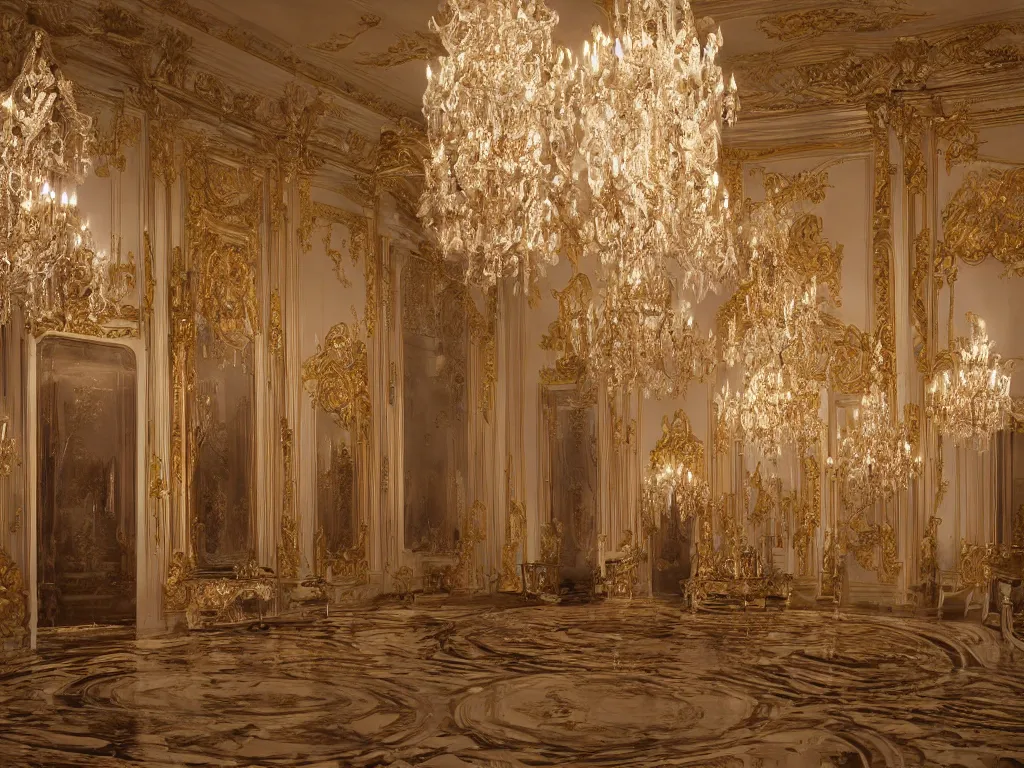 Prompt: hyper realistic photo of a luxury baroque room interior volumetric lights