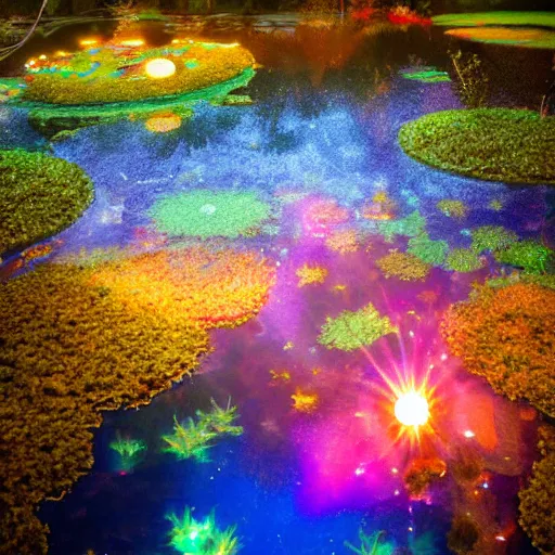 Image similar to crystalline flowers illuminate the otherworldly dichroic pond, fog, godlight, happy, colorful, glow, stars, golden ratio