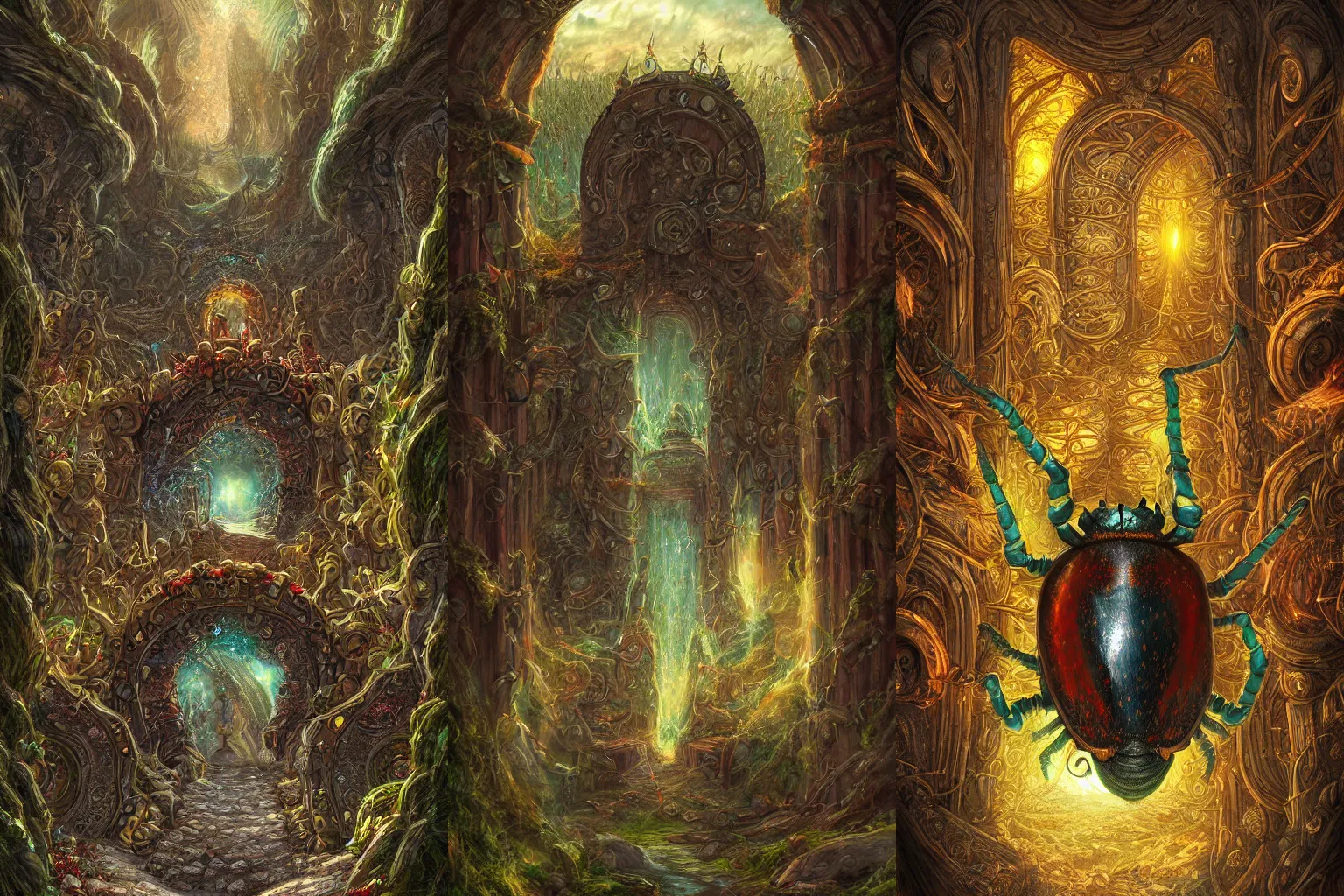 Prompt: The gate to the eternal kingdom of beetles, fantasy, digital art, HD, detailed.