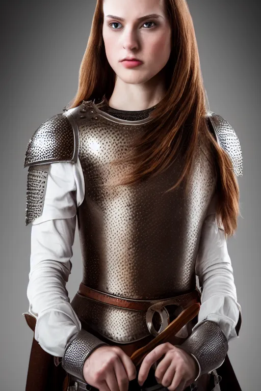 Image similar to female medieval knight, brown hair, by louis vuitton, luxury materials, symmetrical, cinematic, elegant, professional studio light, real dlsr photography, sharp focus, 4 k, ultra hd, sense of awe, high fashion