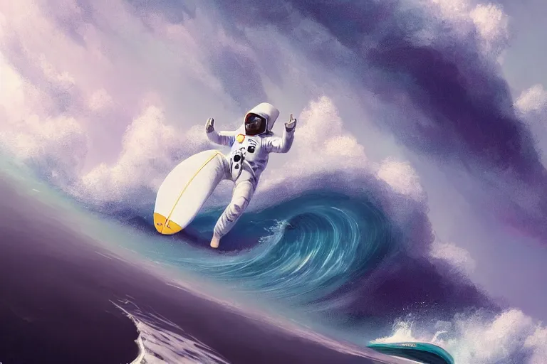 Image similar to a beautiful digital painting of an astronaut in a white space suit surfing the great wave on a surfboard by greg rutkowski, photorealistic, trending on artstation, highly detailed, intricate, unreal engine, octane render