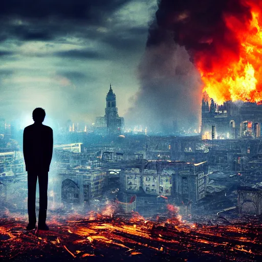 Prompt: the city is burning and fire is everywhere, palaces are collapsing world is getting destroyed just a man was standing alone crying while world is getting destroyed detailed picture HD