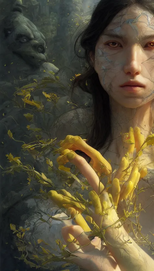 Prompt: epic masterpiece [rincess mononoke, drama, sweaty skin, hyperrealistic, octane render, cinematic, beautiful face and flawless skin, perfect hands, 5 fingers, yellow by Edgar Maxence and Ross Tran and Michael Whelan and Lorenzo Sperlonga, Brom, Legends of Runeterra