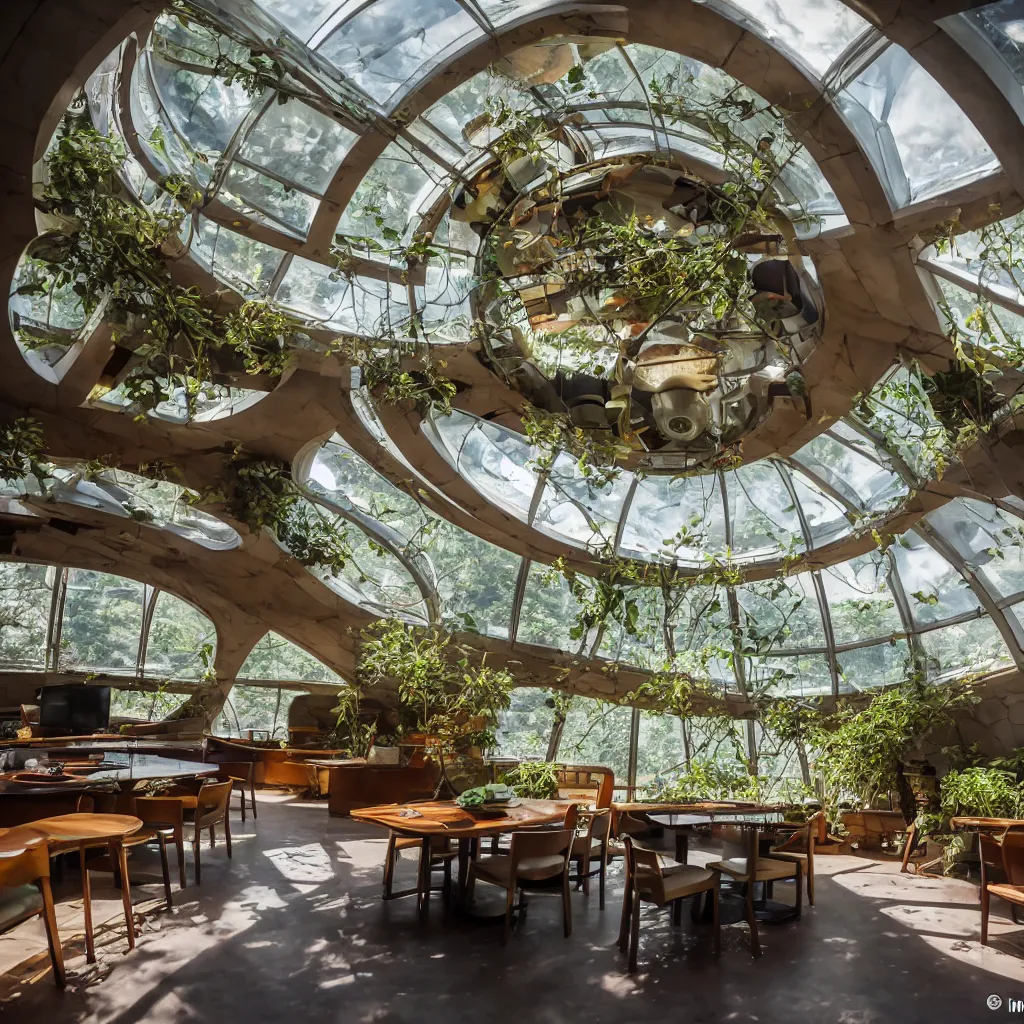 Prompt: inside luxurious earthship with futuristic sunken lounge and indoor garden with circular skylights, dining hall and recreation space, XF IQ4, 150MP, 50mm, F1.4, ISO 200, 1/160s, dawn