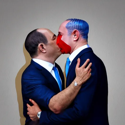 Image similar to benjamin netanyahu kissing naftali bennet, realistic, detailed