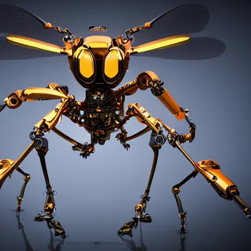 Prompt: a 3 d render of a robotic insect with mechanical wings attached to its back, ultra detailed, hyper realistic, bold colors, metallic finish, perfect edges, fully formed, close up, action pose, centre shot, saturated colors, intricate, japanese, futuristic, shadow, style transformers, style insects,