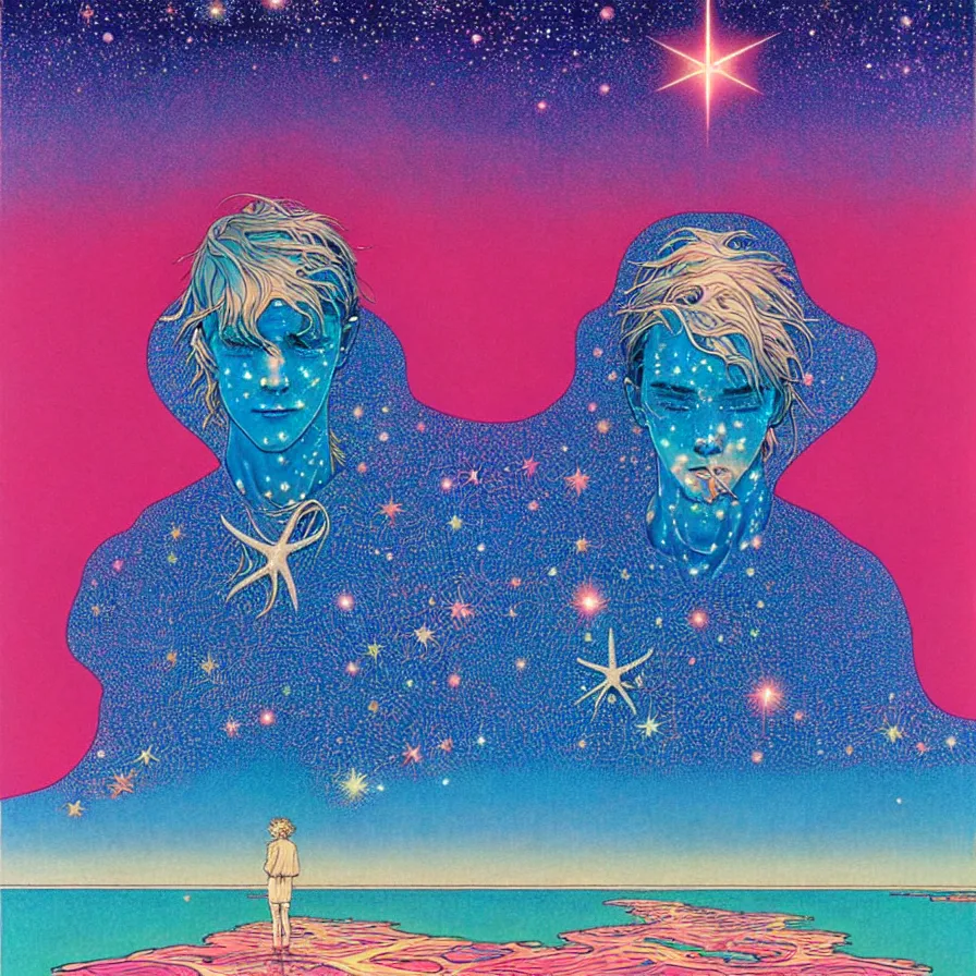 Image similar to ( ( ( ( shinning starry sky and sea ) ) ) ) by mœbius!!!!!!!!!!!!!!!!!!!!!!!!!!!, overdetailed art, colorful, artistic record jacket design