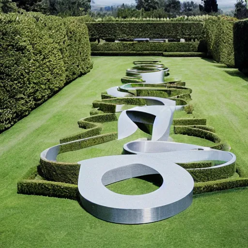 Image similar to giant Italian modern castle formal garden with a modern stainless steel organic shaped modern sculptures with mirror finish by Tony Cragg, photo by Annie Leibovitz