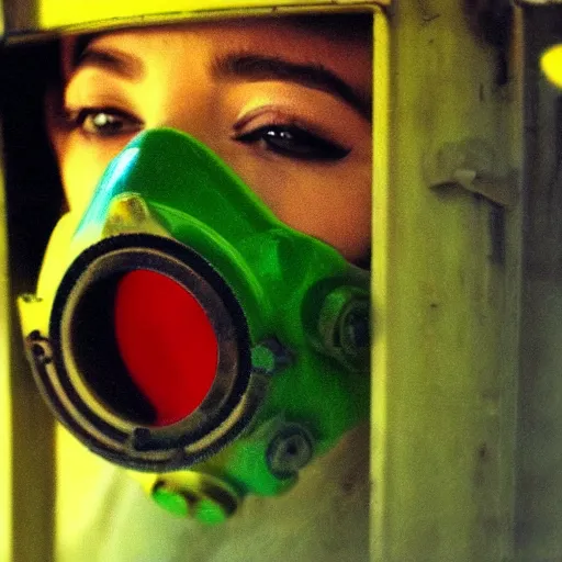 Image similar to i could see her luscious red lips visible through the translucent green gas mask as the yellow sulphur gas swirled around her.