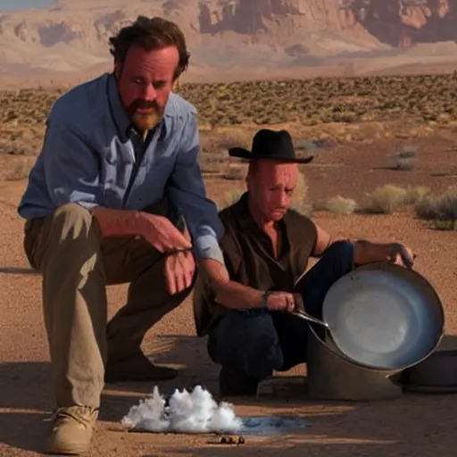 Prompt: walt and jessie cooking meth in the desert,