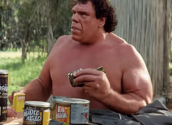 Image similar to film still of Andre the Giant eating a can of beans in the new Lethal Weapon movie, 4k