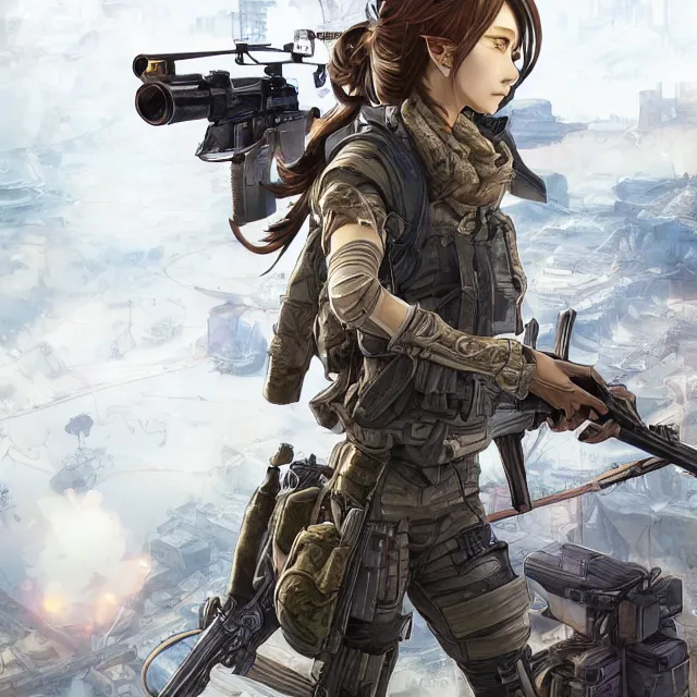 Image similar to the portrait of lawful neutral female futuristic infantry sniper as absurdly beautiful, gorgeous, elegant, young anime girl, an ultrafine hyperdetailed illustration by kim jung gi, irakli nadar, intricate linework, bright colors, octopath traveler, final fantasy, unreal engine 5 highly rendered, global illumination, radiant light, detailed and intricate environment