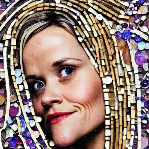 Image similar to a portrait of of reece witherspoon constructed from spoons, collage, drop shadow, organic, layered composition, layers, texture, mcu, petals, highly textured, layered, sculpted, dynamic,