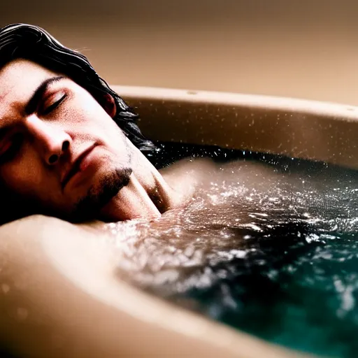 Image similar to photographic portrait by Annie Leibovitz of XQC in a hot tub, closeup, foggy, sepia, moody, dream-like, sigma 85mm f/1.4, 15mm, 35mm, 4k, high resolution, 4k, 8k, hd, full color