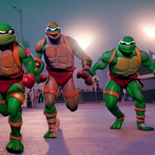 Prompt: A movie still of Mike Tyson as a Teenage Mutant Ninja Turtle, dynamic lighting, 8k, Action shot, 2022 picture of the year