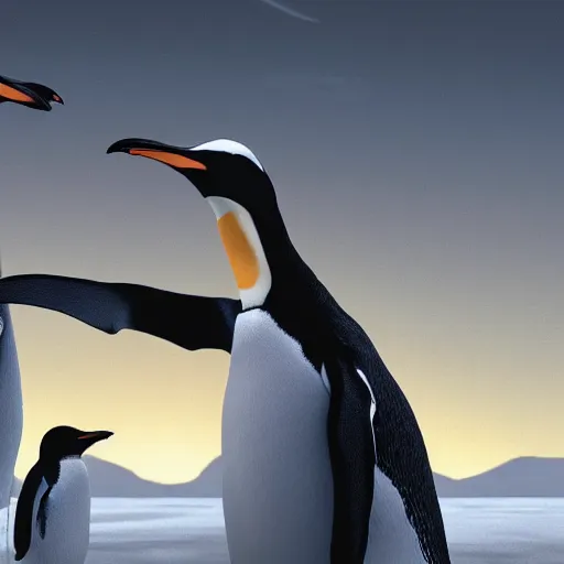 Image similar to end of days skeleton overlords enslaves penguin-human hybrids, landscape, 4k, detailed, cartoon
