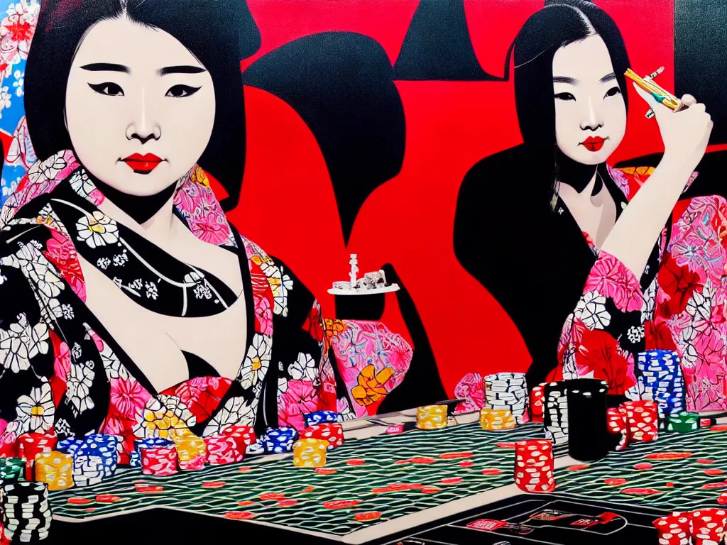 Image similar to hyperrealism composition of the detailed woman in a japanese kimono sitting at an extremely detailed poker table with darth vader, fireworks on the background, pop - art style, jacky tsai style, andy warhol style, acrylic on canvas