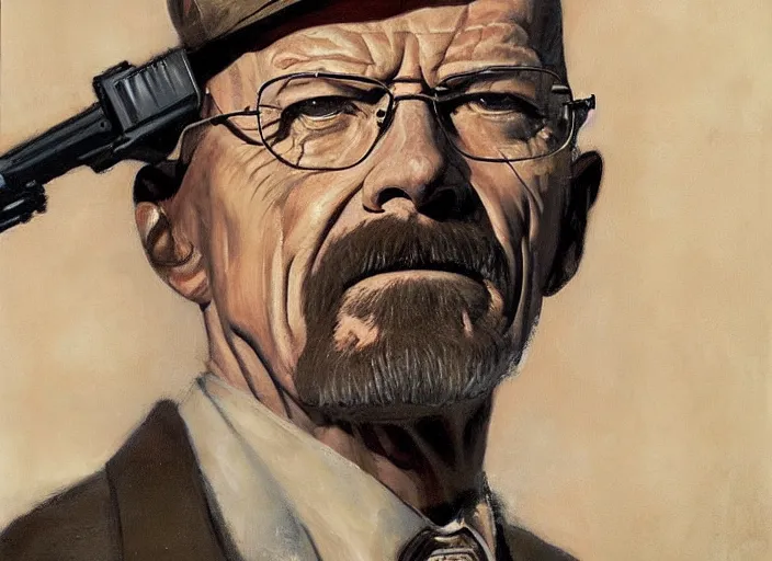 Prompt: a highly detailed beautiful portrait of walter white with a gun, by gregory manchess, james gurney, james jean