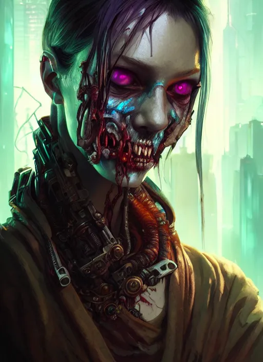 Prompt: cyberpunk zombie, deep focus, d & d, fantasy, intricate, elegant, highly detailed, digital painting, artstation, concept art, matte, sharp focus, illustration, hearthstone, art by artgerm and greg rutkowski and alphonse mucha