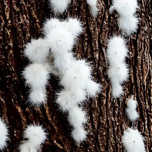 Image similar to bioluminescent white furry fungus growing on a dead tree, photorealistic, fungal, magic,