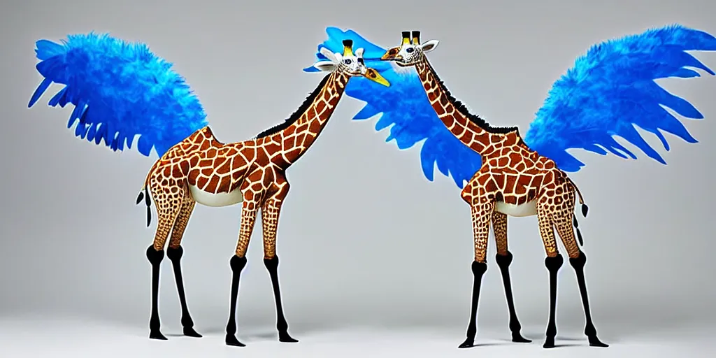 Prompt: giraffe with big blue feathered wings on its back, full body shot, wings, by studio ghibli