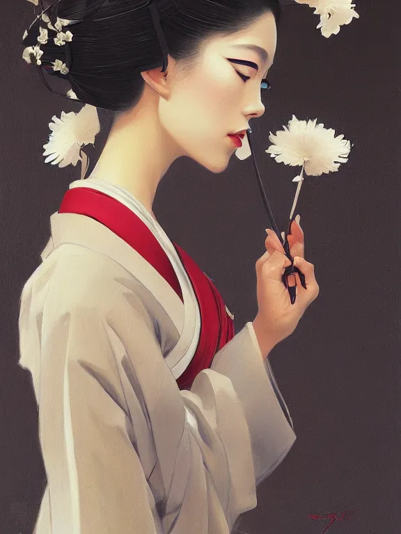 Image similar to an ultradetailed beautiful portrait painting of a geisha dancer, side view, oil painting, high resolution, by ilya kuvshinov, greg rutkowski and makoto shinkai