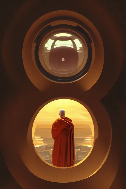 Image similar to portrait of a monk in a spaceship, looking out of a round window at nebula, orange robe, dramatic lighting, artstation, matte painting, ralph mcquarrie