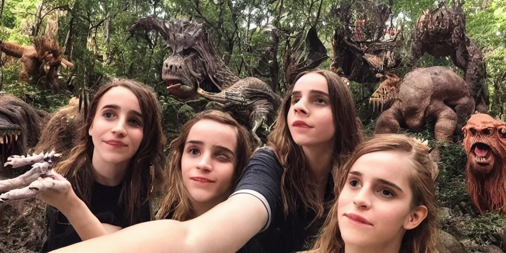 Prompt: photo, three hairy fat cave people, emma!! watson!!, looking at camera, surrounded by dinosaurs!, gigantic forest trees, sitting on rocks, bright moon, birthday cake on the ground, front close - up view of her face, selfie, jelly monster