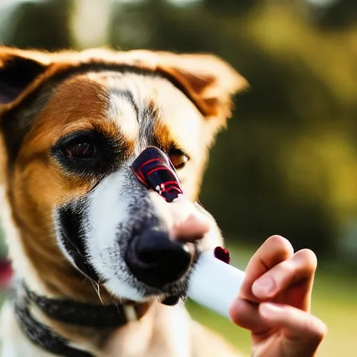 Image similar to photograph of a dog holding a cigarette in its mouth, smoking