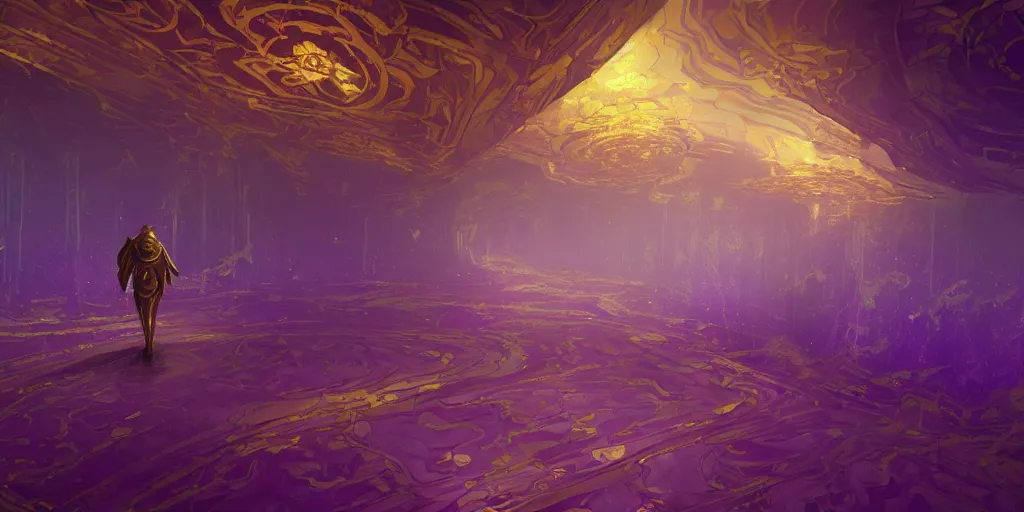 Prompt: ultrawide shot of purple marble hallway, giant gold pillars, floating purple geometric shapes, concept art, anato finnstark style,