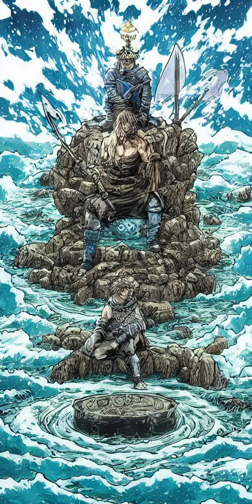 Image similar to a lone king sitting on a throne floating on water in the middle of a lake drawn by Makoto Yukimura in the style of Vinland saga anime, full color