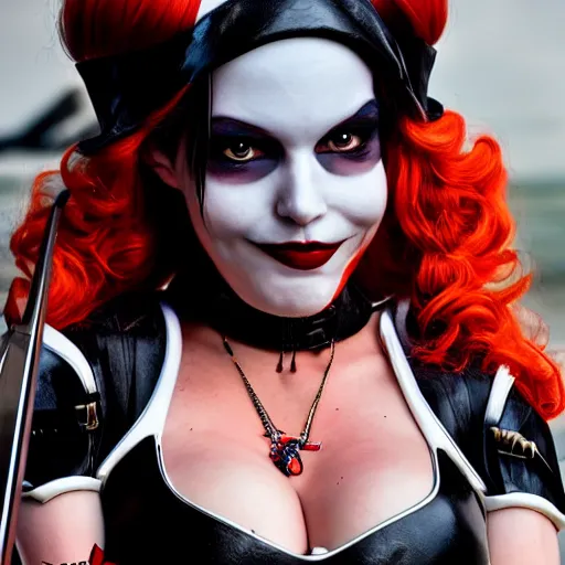 Prompt: cosplay on black harley queen, high detail of the face, full body, high detail, high modernization, cinematic, dynamic lighting, ultra mega super hyper realistic