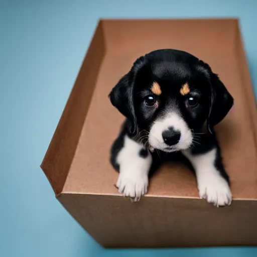 Prompt: puppy sitting in a shoebox, photography, minimalistic, 8 k