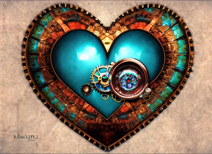 Prompt: steampunk centered symmetrical heart, shiny multicolores gems, glass, ice. by casey baugh, by rembrandt, mandelbulb 3 d, turquoise rust, stained glass