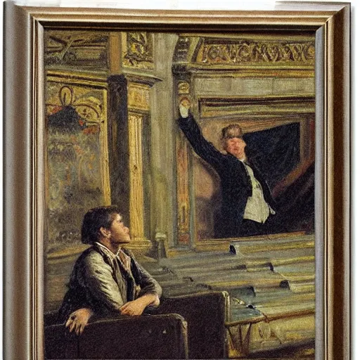 Image similar to a young man watching an actress on stage in an old theater, by alfred stevens