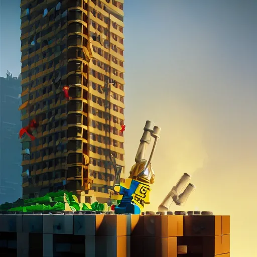 Prompt: lego minionic thor, on the skyscraper by goro fujita by filip hodas and beeple, realism, sharp details, cinematic, highly detailed, digital, 3 d, yellow colors