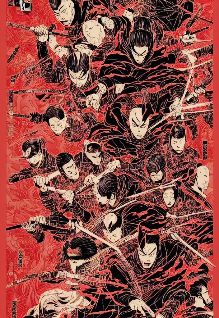 Image similar to a comic book style japanese poster of ronin by dan mumford, yusuke murata and junji ito, blood lines, yokai, shinigami, cherry blossom, spirits, sake, shurikens, kanji, 8k, unreal engine, trending on artstation, pixiv, intricate details, volumetric lighting