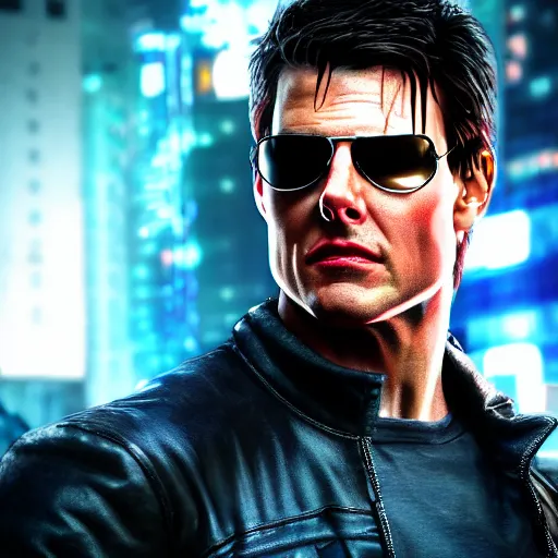 Prompt: tom cruise portrait, Cyberpunk 2077, cyberpsycho, photorealistic, ultra detailed, neon, octane, bokeh, cyber, cyberpunk city, feature, scars, cyberface, 8k