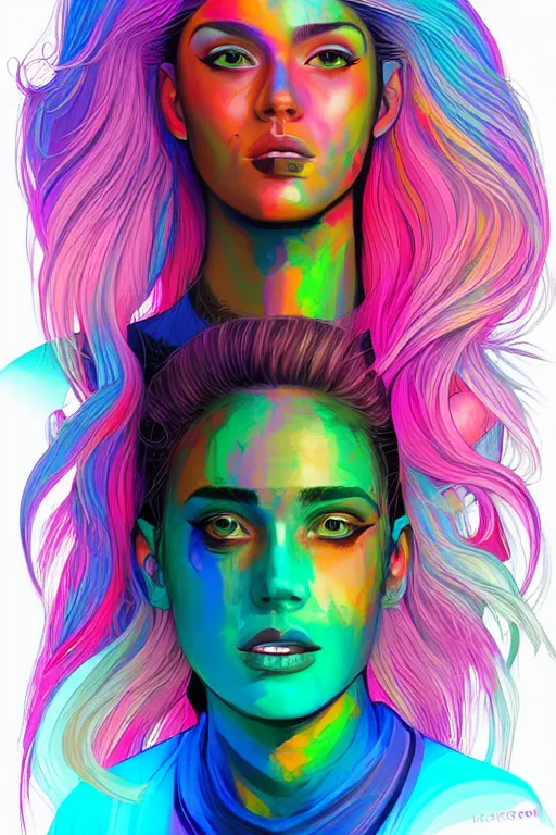 Image similar to a award winning half body portrait of a beautiful woman with stunning eyes in a printed croptop and cargo pants with rainbow colored ombre hairstyle head in motion and hair flying by josan gonzales, outrun, vaporware, shaded flat illustration, digital art, trending on artstation, highly detailed, fine detail, intricate